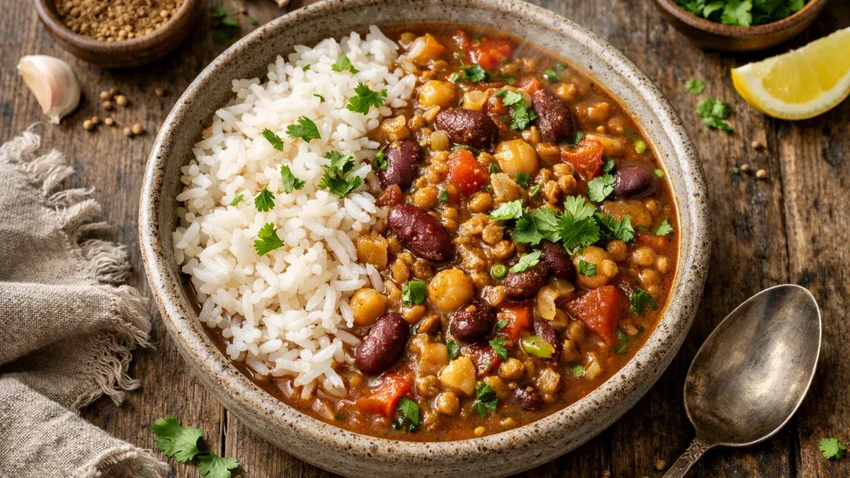 Hearty Lentil and Bean Stew with Ginger, Cilantro, and Basmati Rice